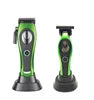 Bright green cordless hair clipper and beard trimmer set with black charging stands.