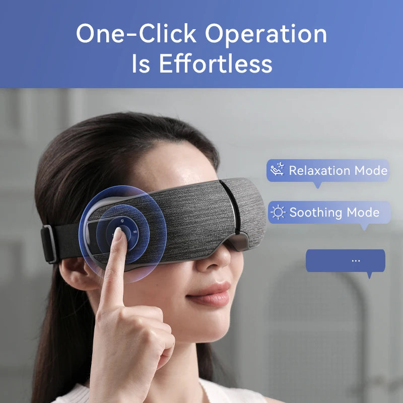 Woman wearing a sleek grey fabric smart eye massager with simple one-click controls for heating and relaxation modes.