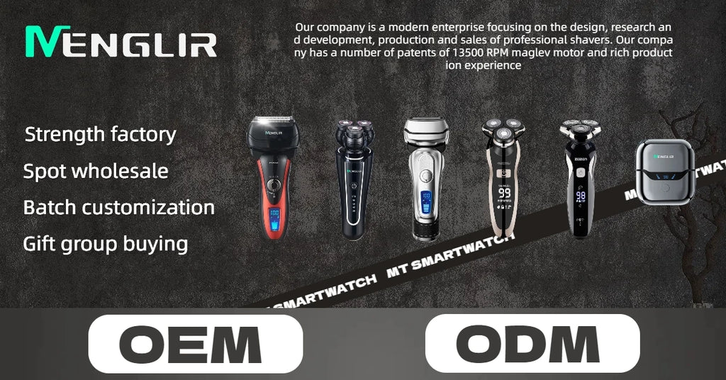 A range of modern, rechargeable electric shavers featuring digital displays and various black and silver designs.