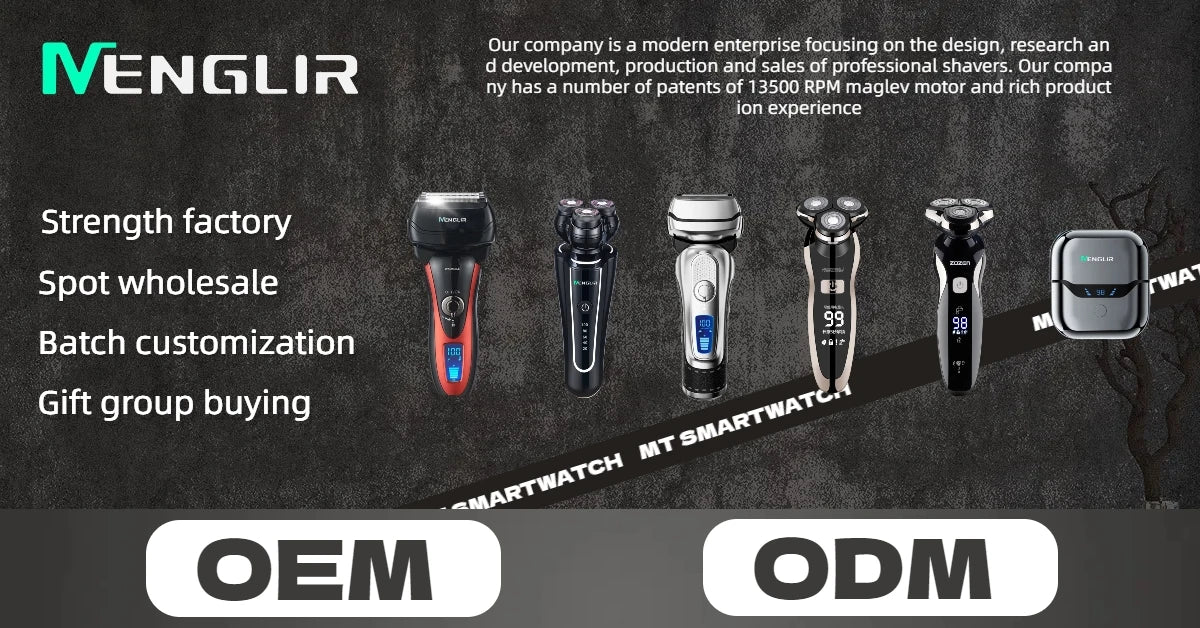 Selection of modern, cordless electric shavers and beard trimmers with digital LED battery displays in various colours.
