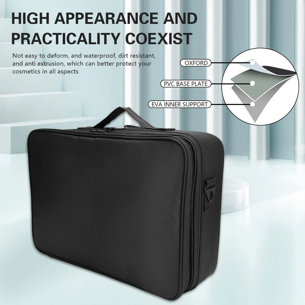 Black professional barber travel case with a durable, multi-layered, waterproof design and sturdy handle.