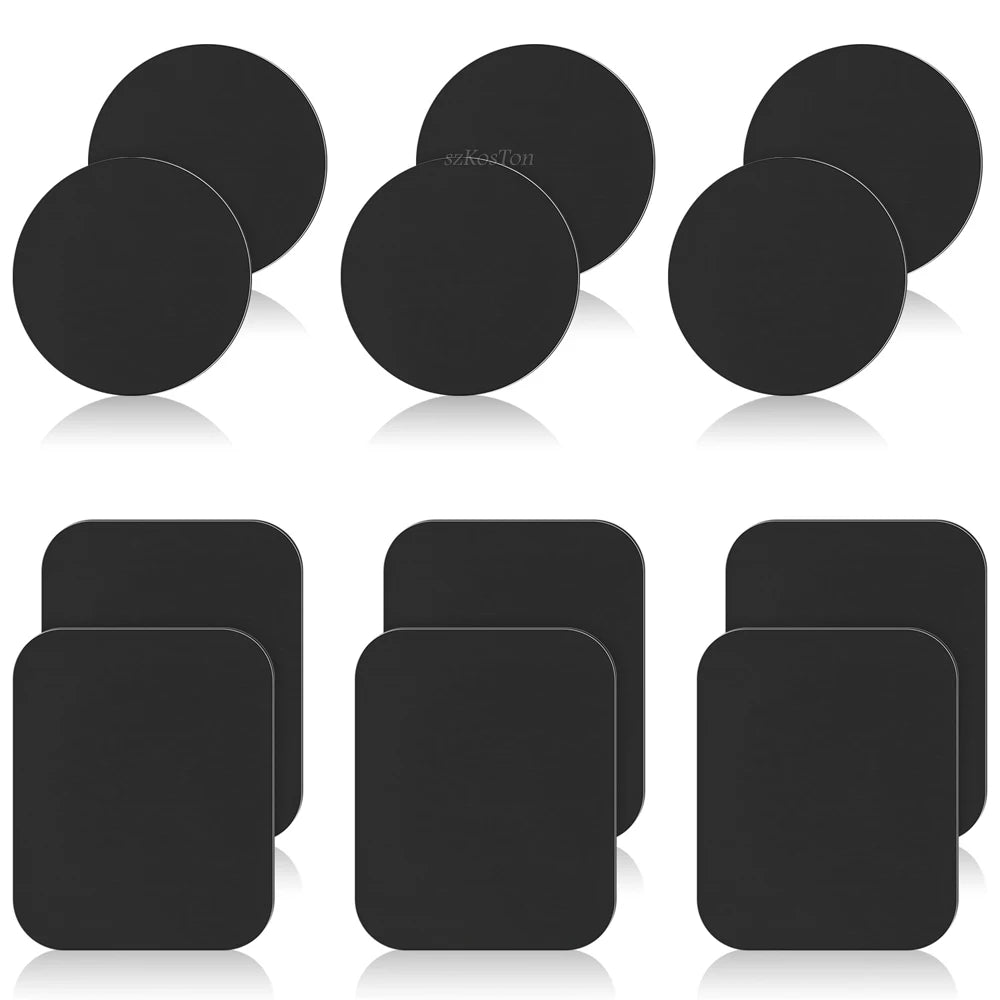 A set of black metal mounting plates, including both round and rectangular shapes, for magnetic phone holders.