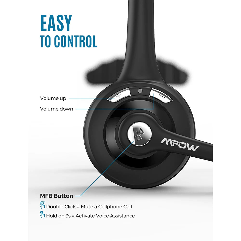 Black wireless office headset close-up, showing volume buttons and a multi-function button for calls and voice control.