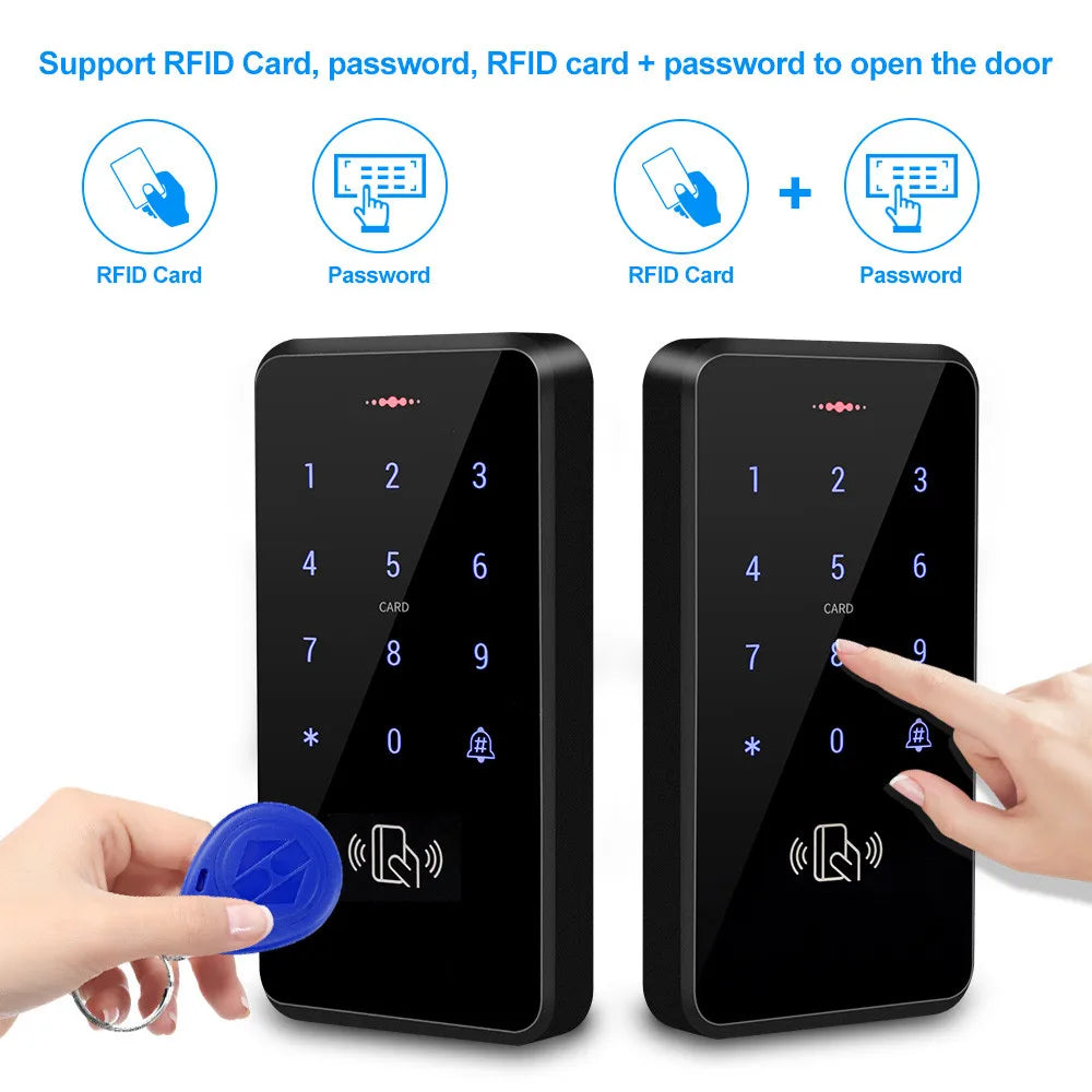 Black electronic door keypad with touch interface, LED numbers, RFID sensor for key fob or password access.