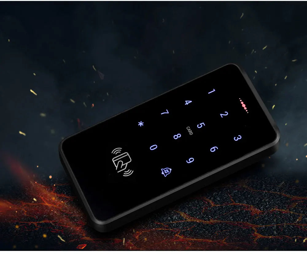 Black rectangular access control keypad with a glass surface, illuminated number pad, and RFID card reader icon.