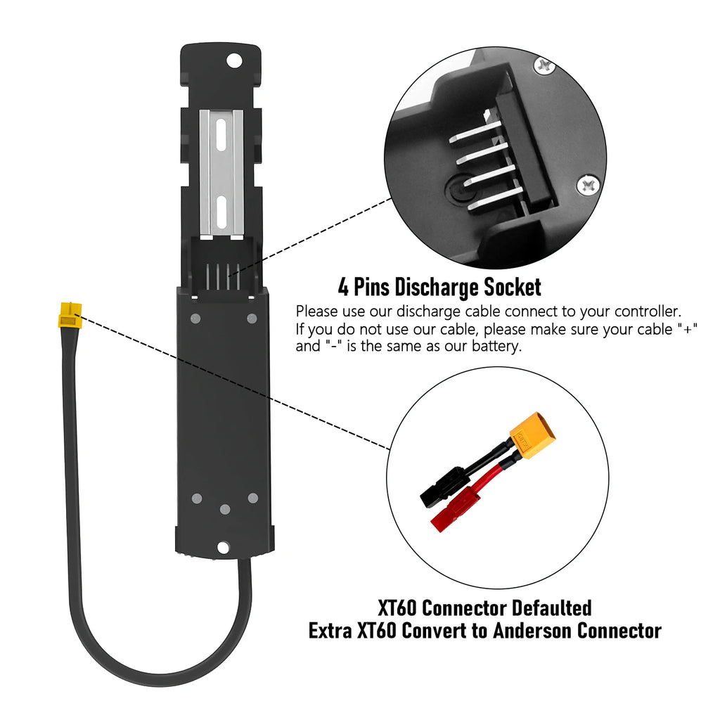 Black battery mounting plate with 4-pin discharge socket, cable, XT60 connector, and Anderson adapter.
