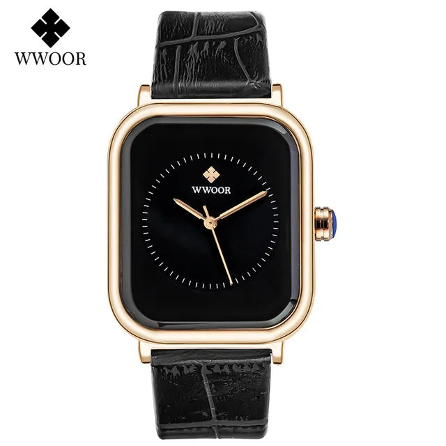 Ladies' square watch featuring a black dial, gold-tone case and a textured black leather strap.