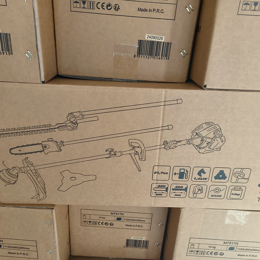 Brown cardboard box featuring a line-drawing illustration of a 5-in-1 gasoline garden multi-tool and its attachments.