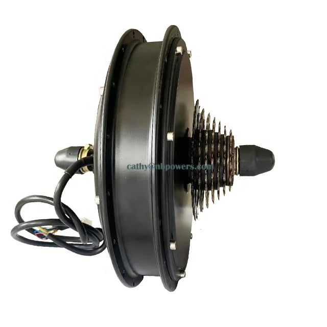 Black 2000W electric bike rear hub motor with attached gear cassette and power cables.