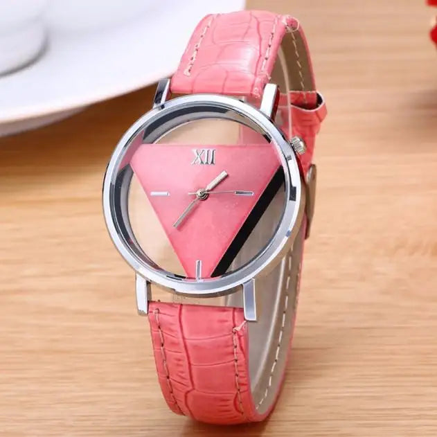 Women's analogue watch featuring a pink croc-effect leather strap and a unique triangular dial in a silver case.