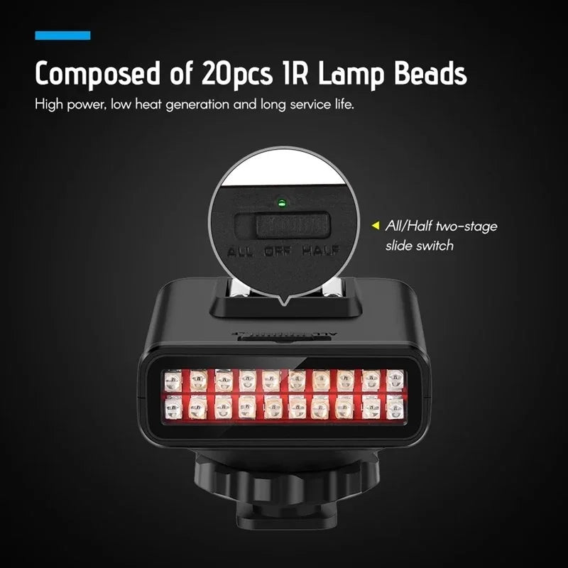Black infrared LED lamp with 20 beads and a two-stage slide switch for all or half power settings.