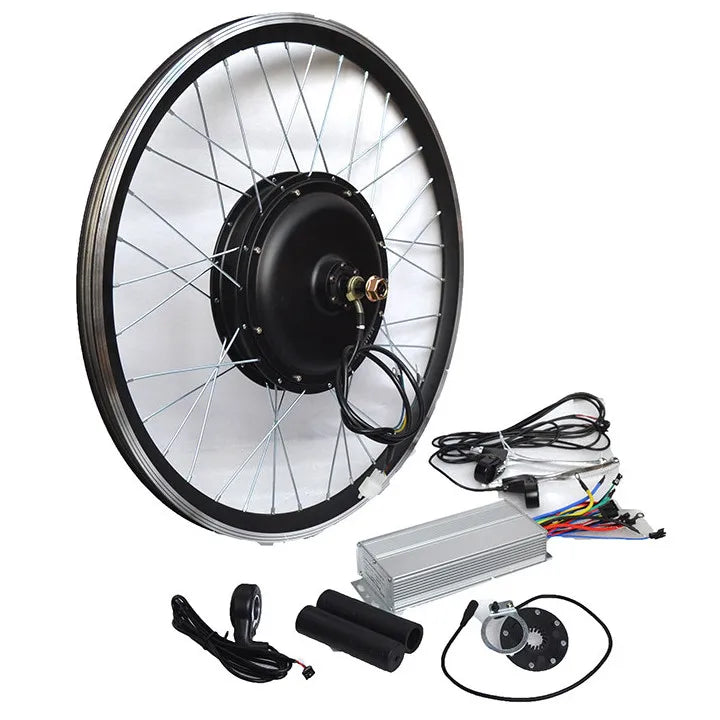 Electric bike conversion kit featuring a black motor wheel, silver controller, throttle, grips, and sensors.