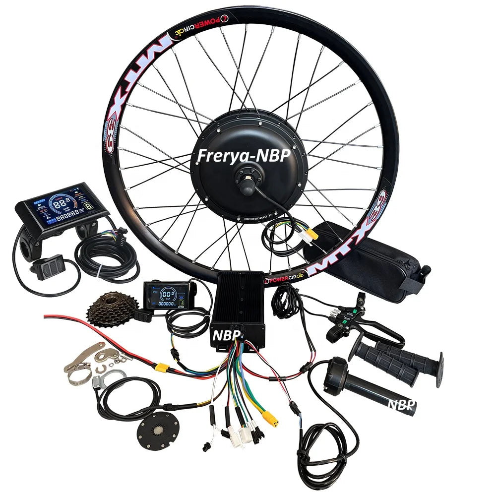 2000W electric bike hub motor kit with black wheel, digital display, controller, throttle, and cabling accessories.