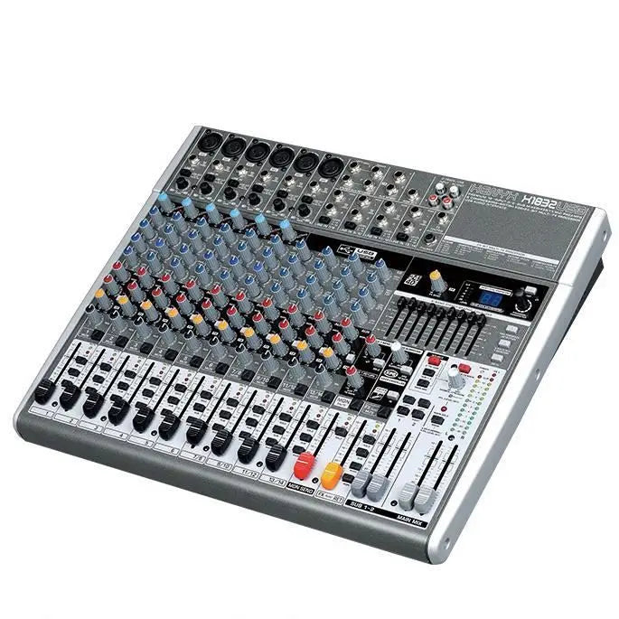 14-channel grey USB audio mixer with colourful rotary knobs, faders, and a digital effect display on a white background.
