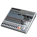 14-channel grey USB audio mixer with colourful rotary knobs, faders, and a digital effect display on a white background.