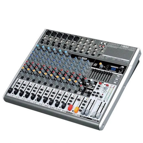 14-channel grey USB audio mixer with colourful rotary knobs, faders, and a digital effect display on a white background.
