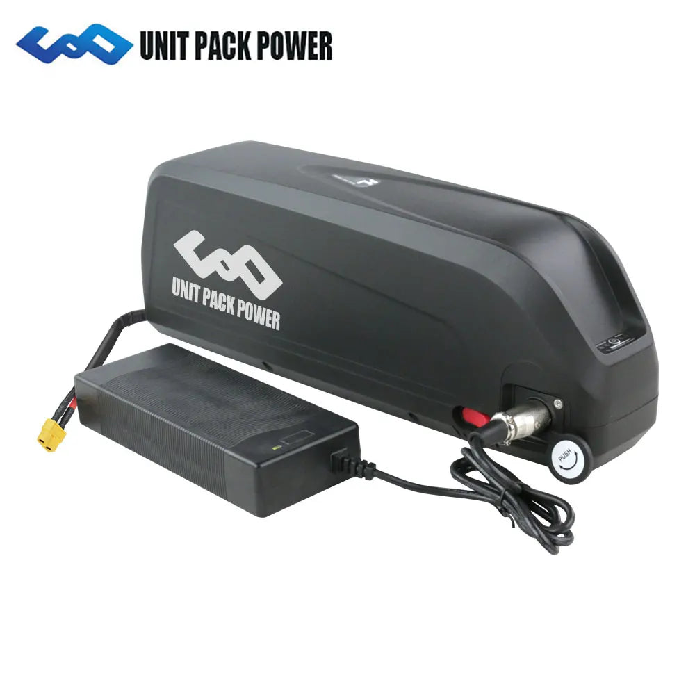 Black electric bike battery pack with charging unit, featuring a side-mounted connector port and power switch.