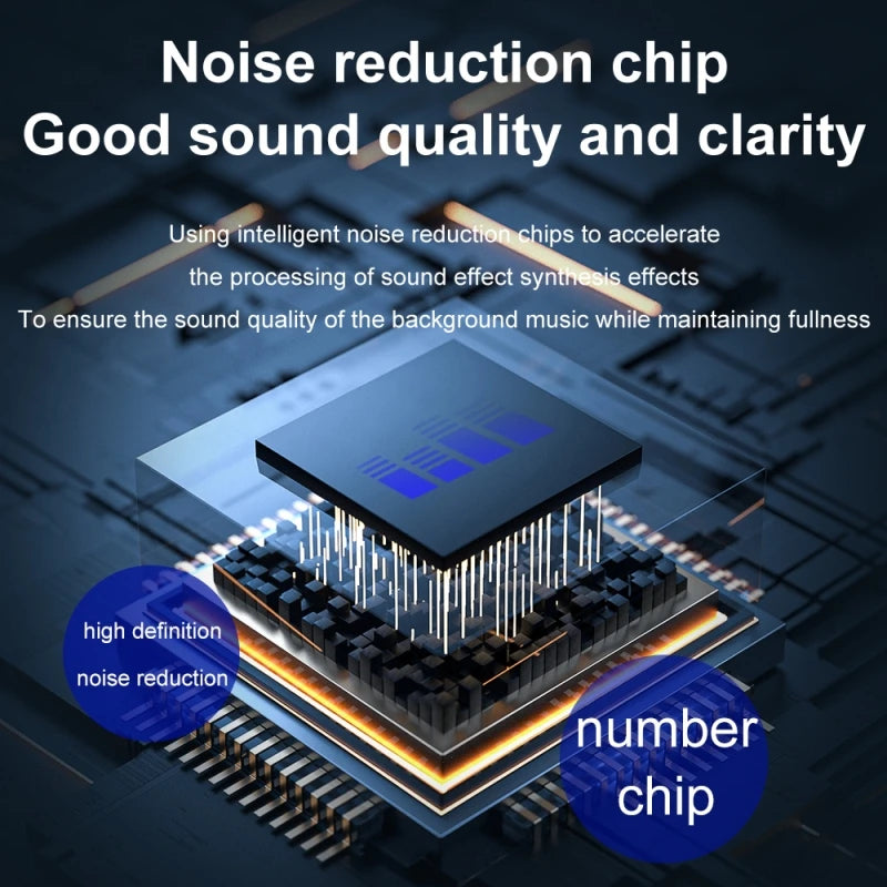 An abstract graphic showing a sleek, black digital circuit board with a central glowing chip for noise reduction.