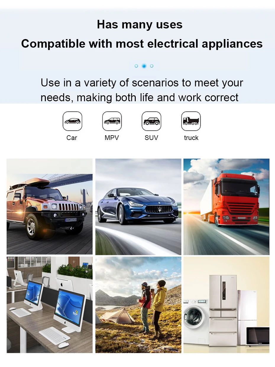 Collage showing a pure sine wave inverter powering cars, office equipment, camping gear, and home appliances.