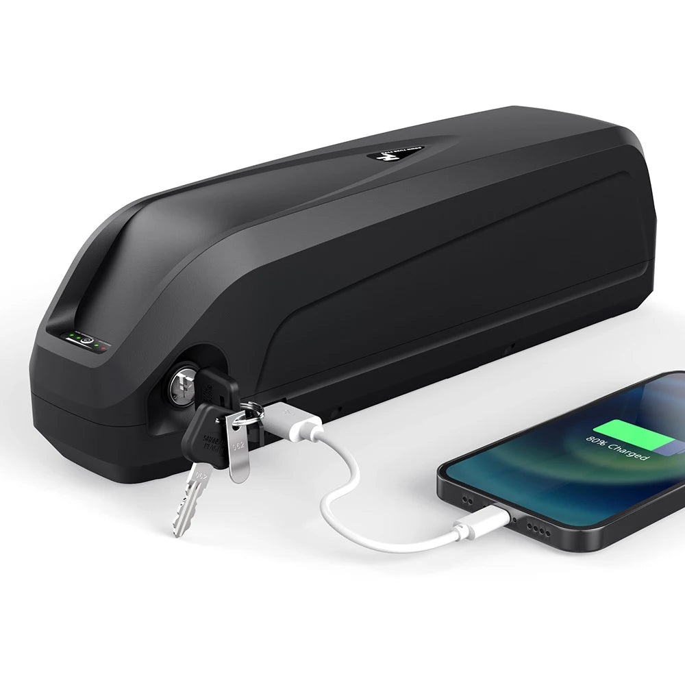 Black e-bike down tube battery with a built-in USB charging port, a physical key lock, and charge level indicator.