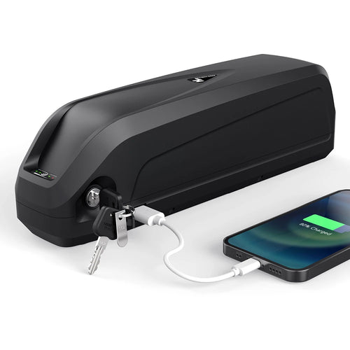 Black e-bike down tube battery with a built-in USB charging port, a physical key lock, and charge level indicator.