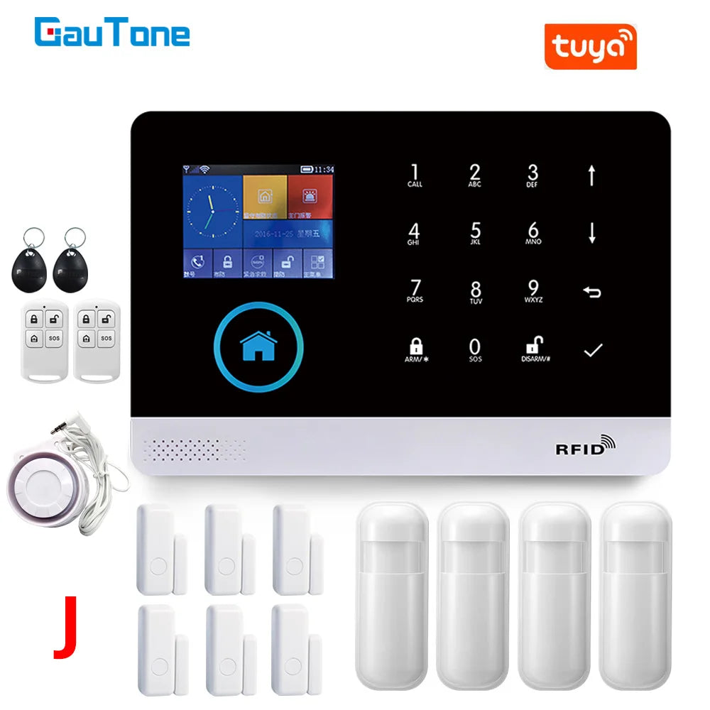 Smart WiFi home alarm system with a black and white touchscreen control panel, remote key fobs, sensors, and a siren.