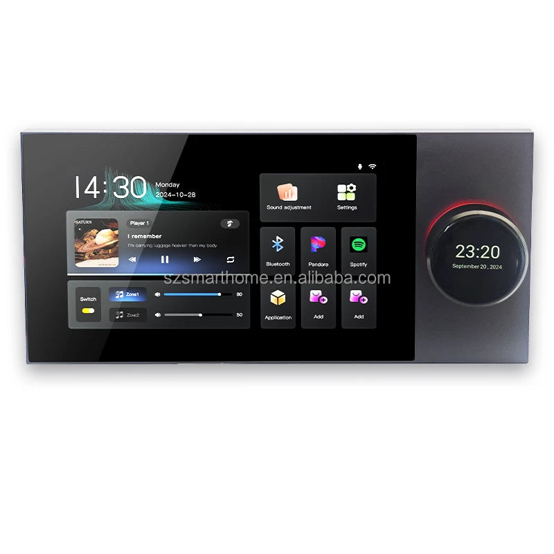 Black 7-inch wall-mounted smart audio amplifier with touchscreen display, music controls, and two-zone volume sliders.