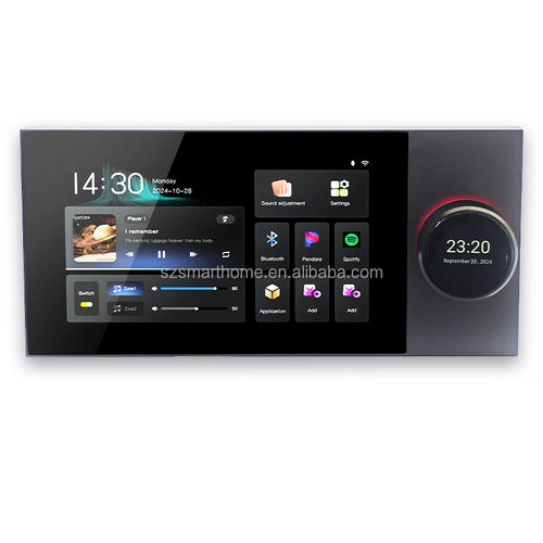 Black 7-inch wall-mounted smart audio amplifier with touchscreen display, music controls, and two-zone volume sliders.