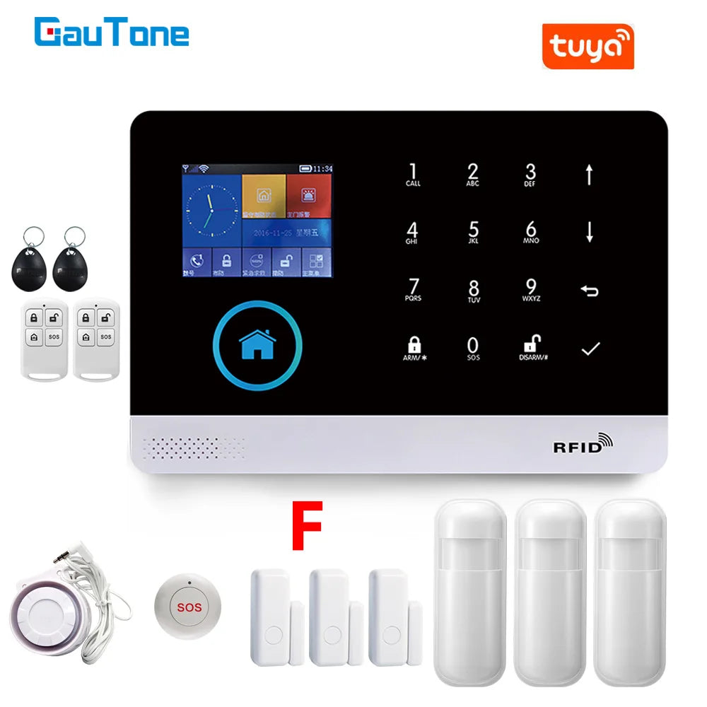 Wireless smart home alarm kit with a black and white touchscreen hub, remote fobs, motion sensors, and door contacts.