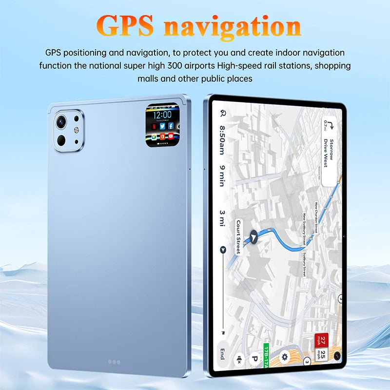 Sleek light blue 10-inch Android tablet showing rear camera detail and a front screen with GPS navigation maps.