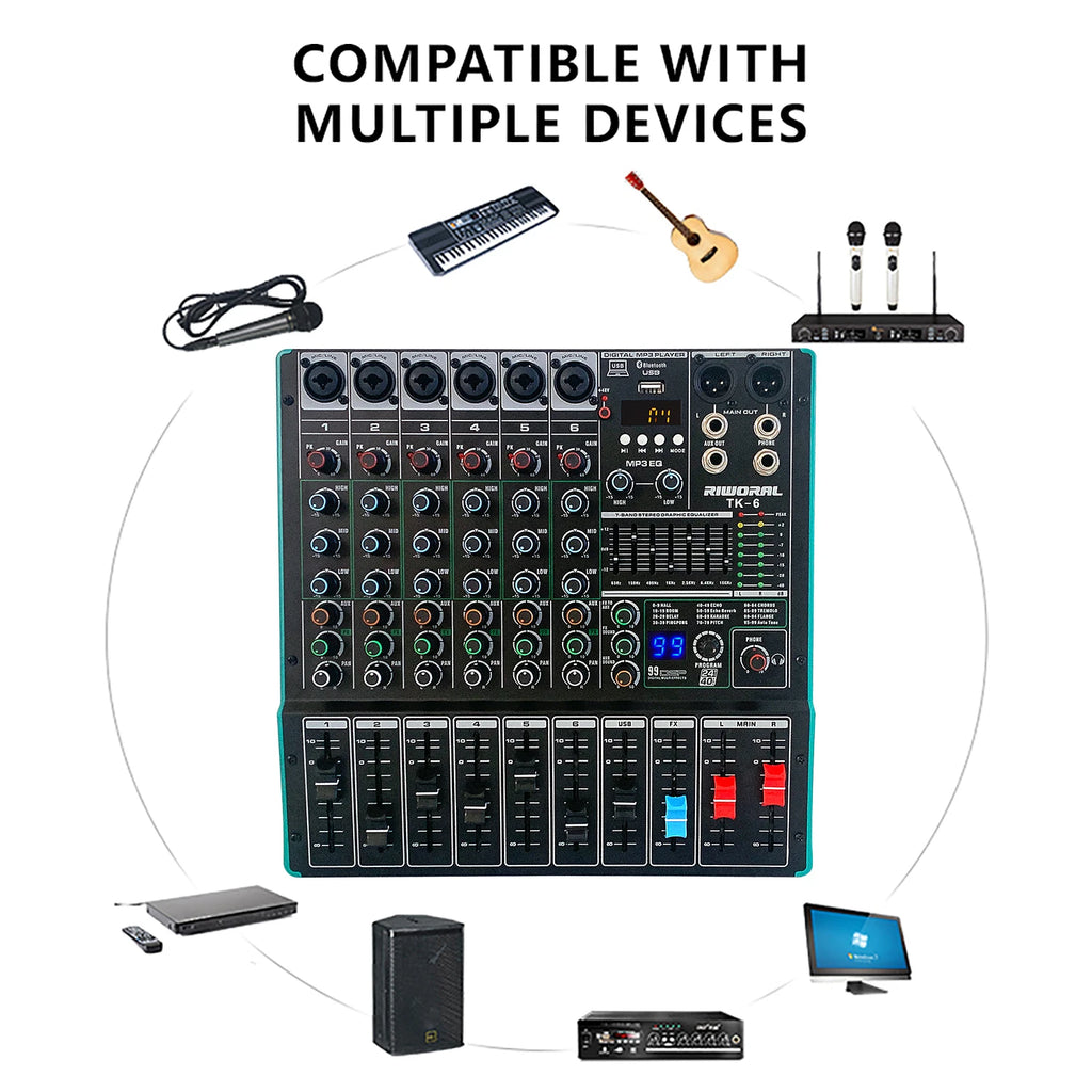 A black 6-channel professional audio mixer featuring USB playback, slider controls, and multiple device connectivity.