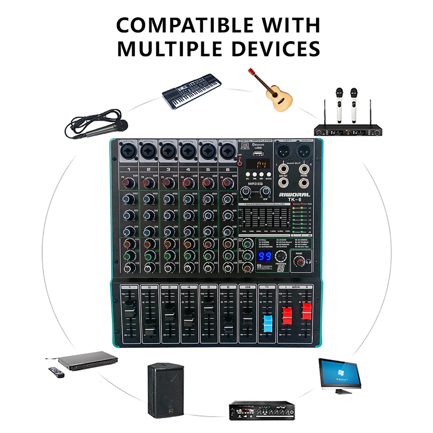 A black 6-channel professional audio mixer featuring USB playback, slider controls, and multiple device connectivity.
