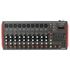 Black 6-channel DJ mixing console with red side panels, featuring multiple input ports, knobs and faders.