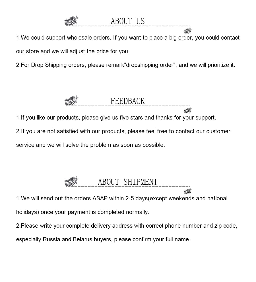 Black text on a white background showing store policies for wholesale, feedback, and shipment.