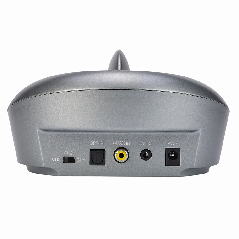 Grey wireless TV headphone transmitter base showing channel switch, optical, coaxial, AUX and power ports.