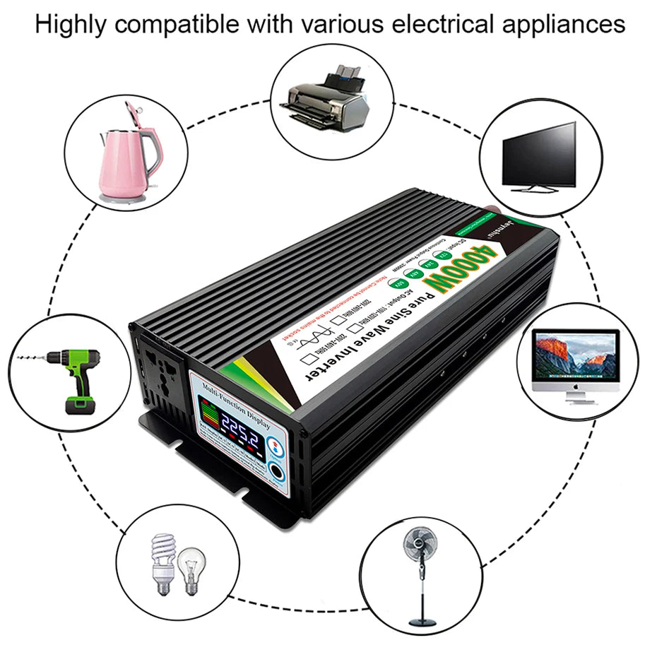 Black 4000W pure sine wave power inverter with a digital display, shown powering various household electrical devices.