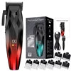 Cordless T-blade hair and beard trimmer with black and red gradient casing, digital display, accessories, and box.