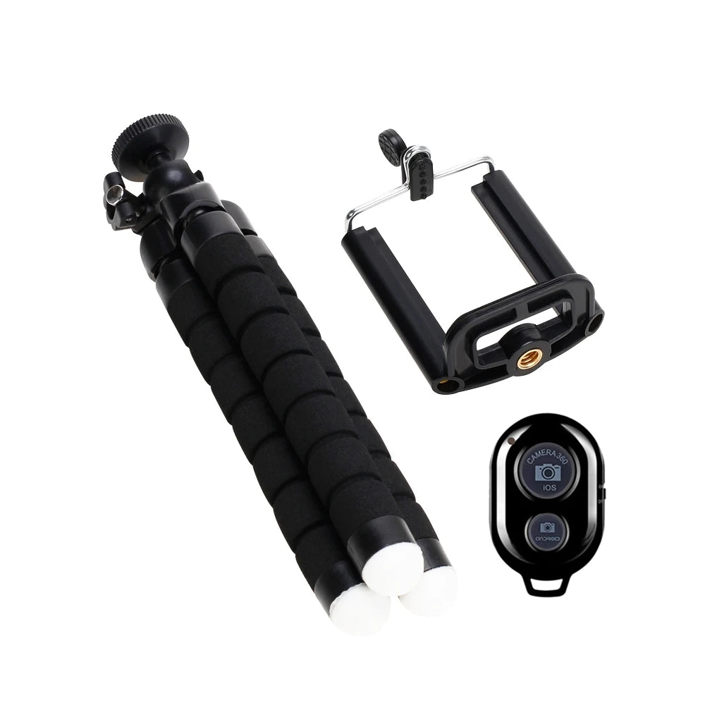 Black flexible tripod stand with a phone holder attachment and a wireless Bluetooth remote shutter.