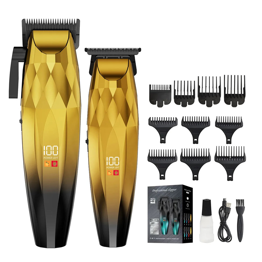 Two gold and black professional cordless hair and beard trimmers with digital displays, guide combs, and accessories.