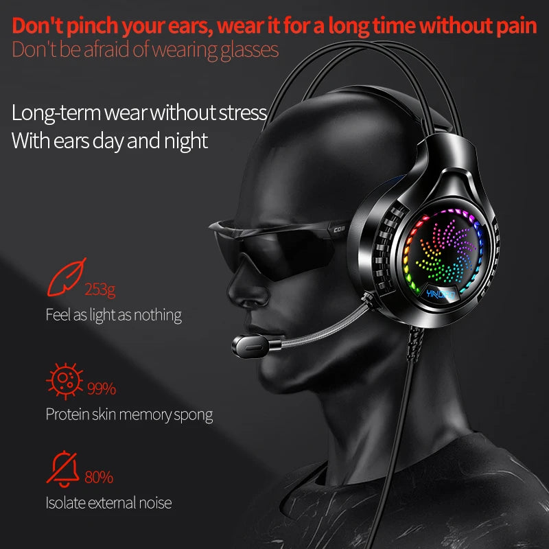 Black RGB gaming headset with an adjustable microphone, designed for lightweight comfort while wearing glasses.