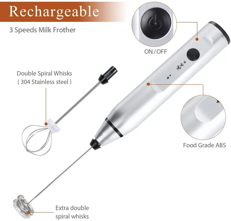 Silver rechargeable handheld milk frother with three speed settings, detachable stainless steel spiral whisks.