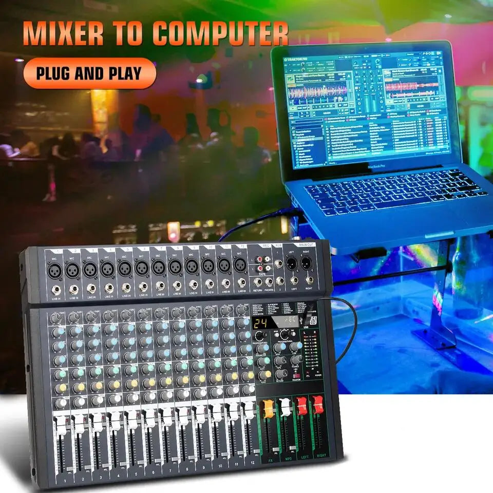 Black 12-channel professional audio mixer with multi-coloured knobs, sliders, and a digital 24-effect display.