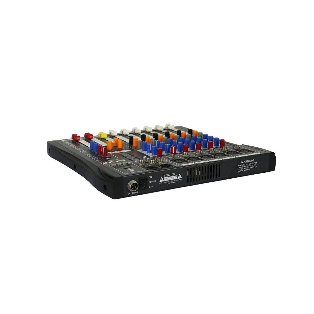 Black 6-channel DJ mixer console with colourful knobs, faders, XLR inputs and a power switch on the back.