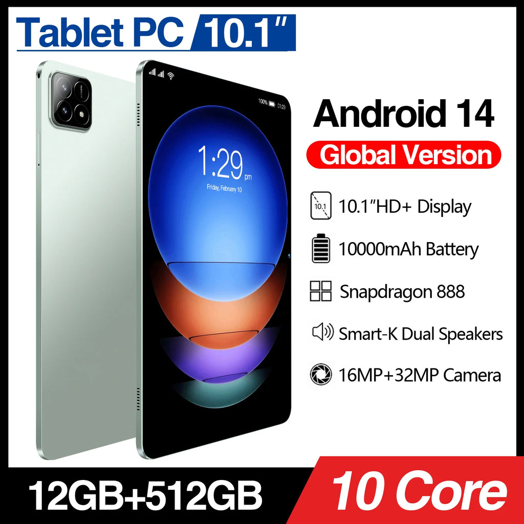 Sleek light-green 10.1-inch Android 14 tablet with a vibrant display, dual speakers and high-performance camera.