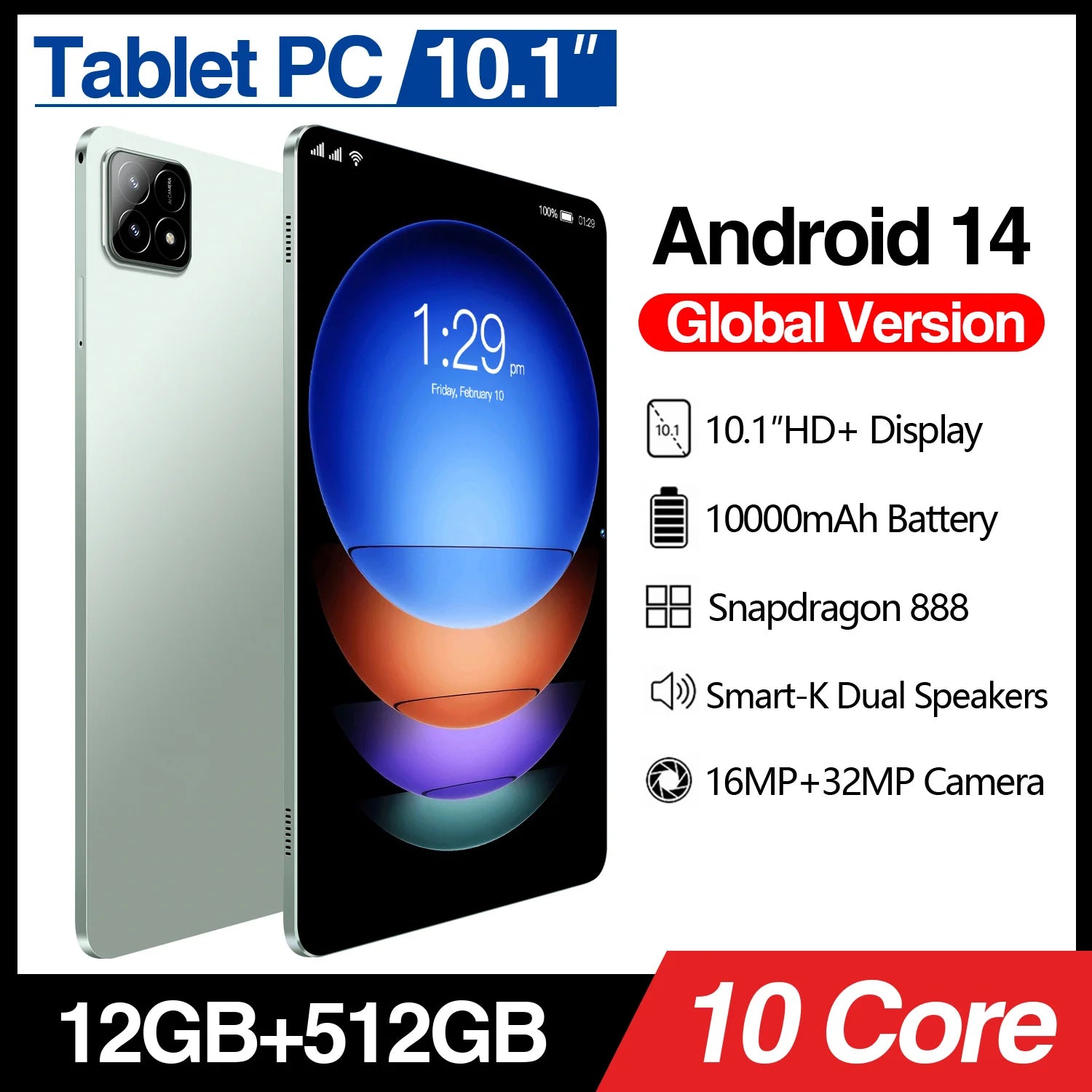 Sleek light-green 10.1-inch Android 14 tablet with a vibrant display, dual speakers and high-performance camera.