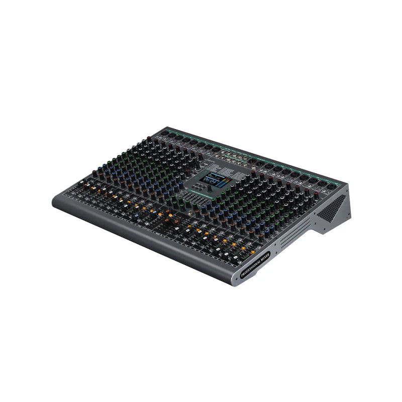 Professional 10-channel audio mixer in matte grey, featuring multiple rotary controls, faders, and a central LED display.