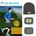 A black beanie hat with four built-in, rechargeable LED lights. Suitable for night running, with four light modes.