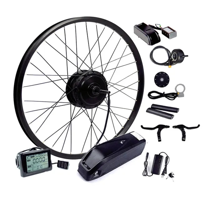 Electric bike conversion kit featuring a black motor wheel, digital display, battery, brake levers, and throttle parts.