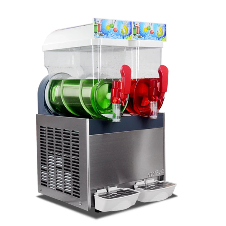 Stainless steel commercial slush machine with two clear bowls, featuring green and red frozen drinks and red taps.