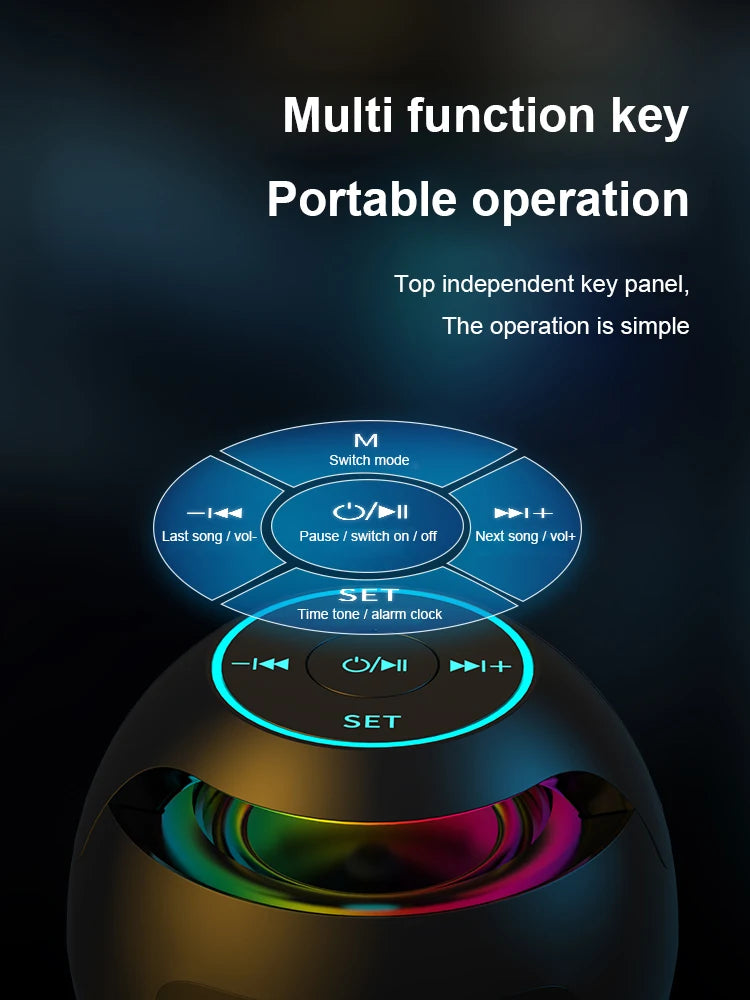 Black mini Bluetooth speaker with a top-mounted control panel featuring glowing blue LED buttons and colourful light.